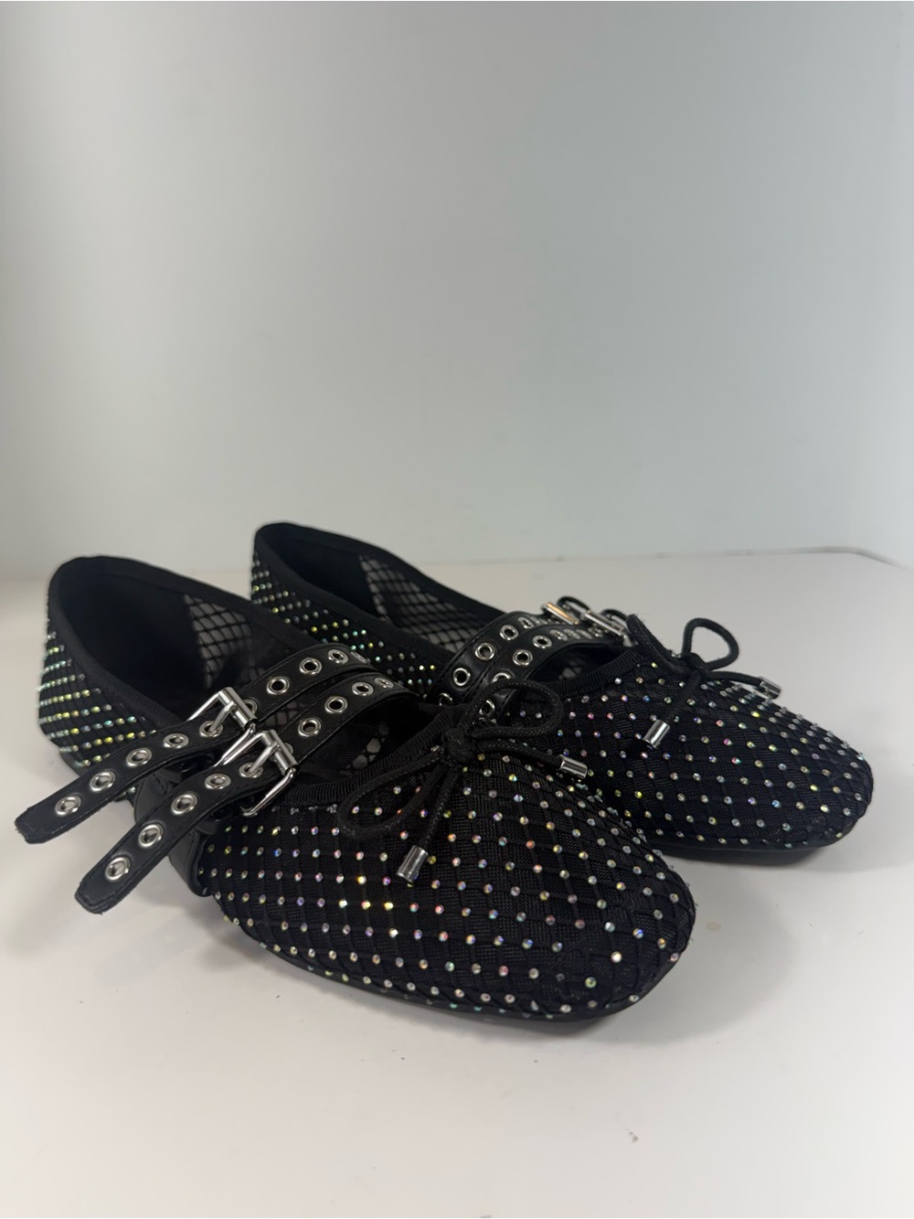 Black Crystal Mesh Mary Jane Ballet Flats Buckle Women's US 10